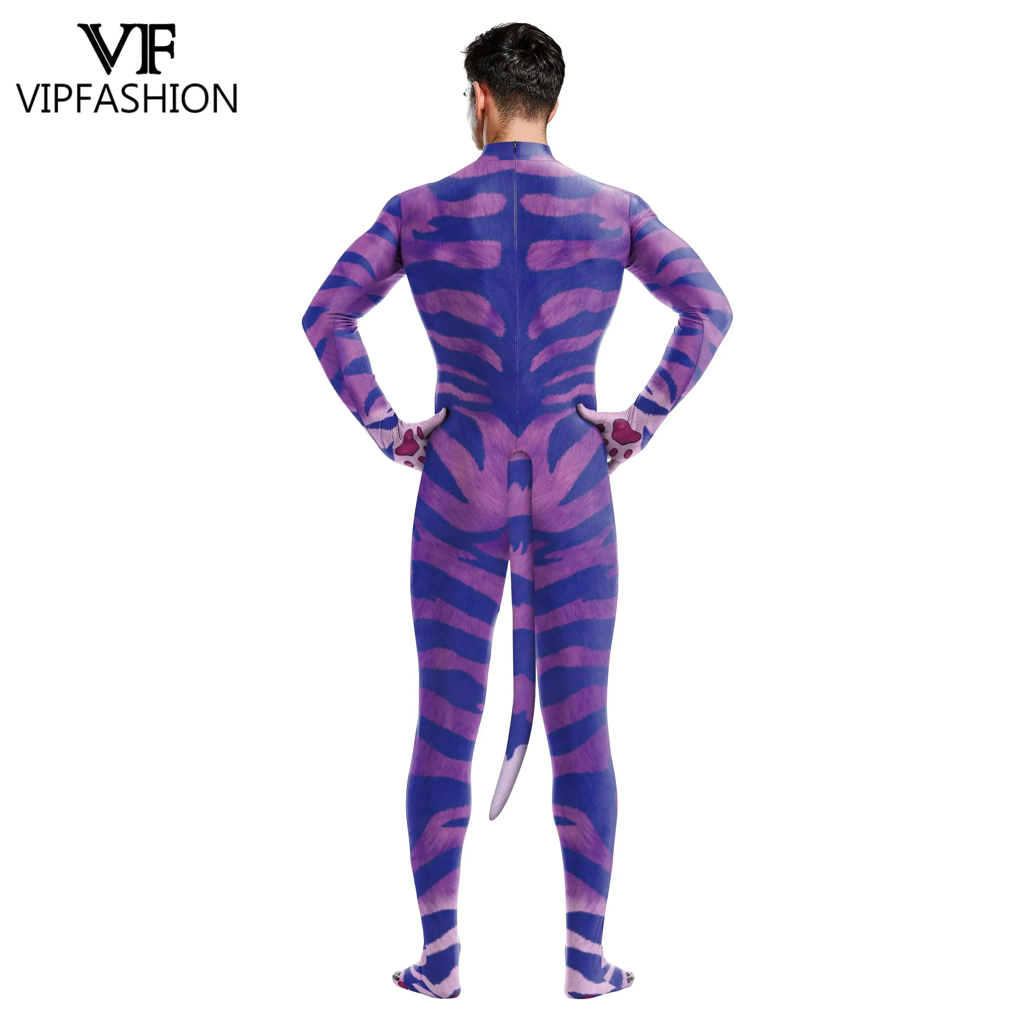 VIP FASHION Funny Costumes Animal Leopard Print Adult Bodysuit Unisex Zentai Jumpsuit with Tail 3D Cosplay Clothing Fancy Dress
