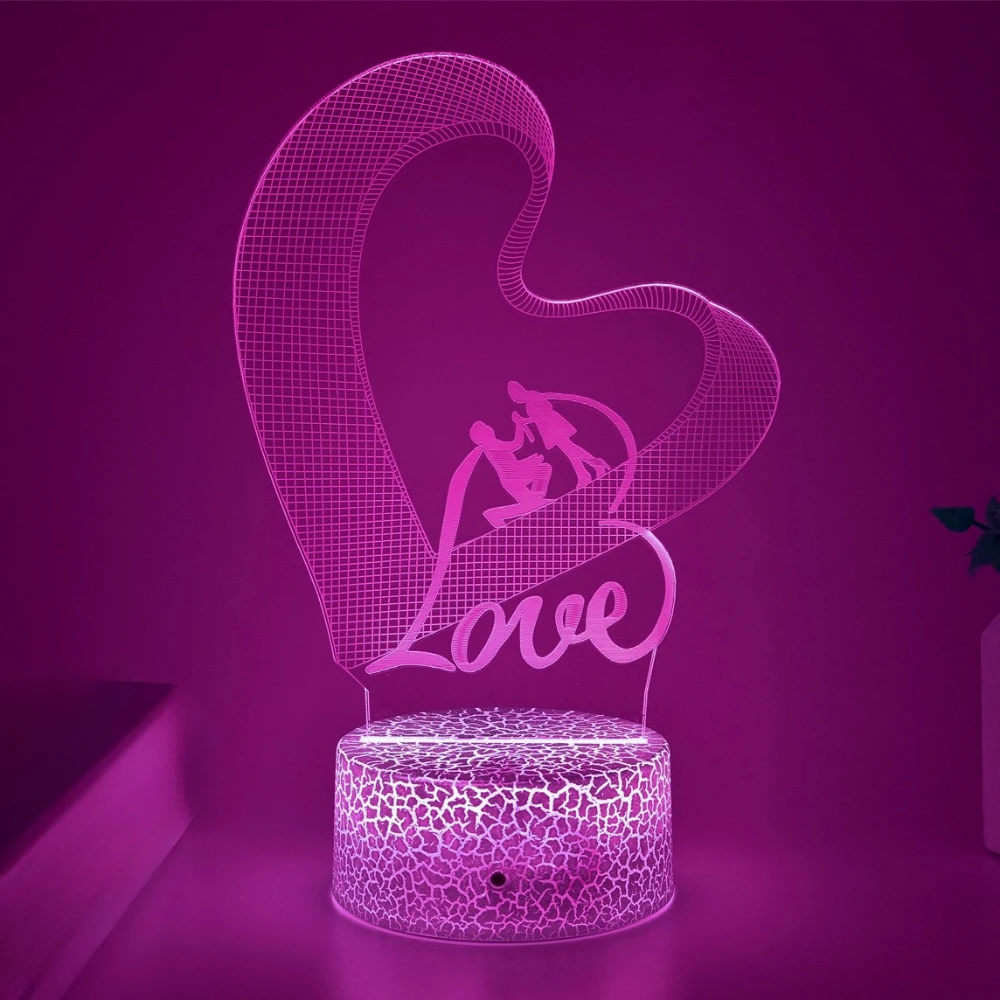 3D Heart Shape LED Night Light with Love Couple RGB 7 Color Changing Desk Lamp Romantic Gift for Valentine's Day Bedroom Decor
