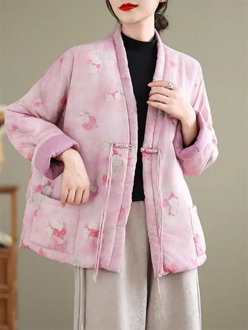 2024 Autumn/Winter Retro Chinese Style Pan Button Loose V-neck Jacket For Women's Clothing Sweet Printed Warm Cotton Coat A126