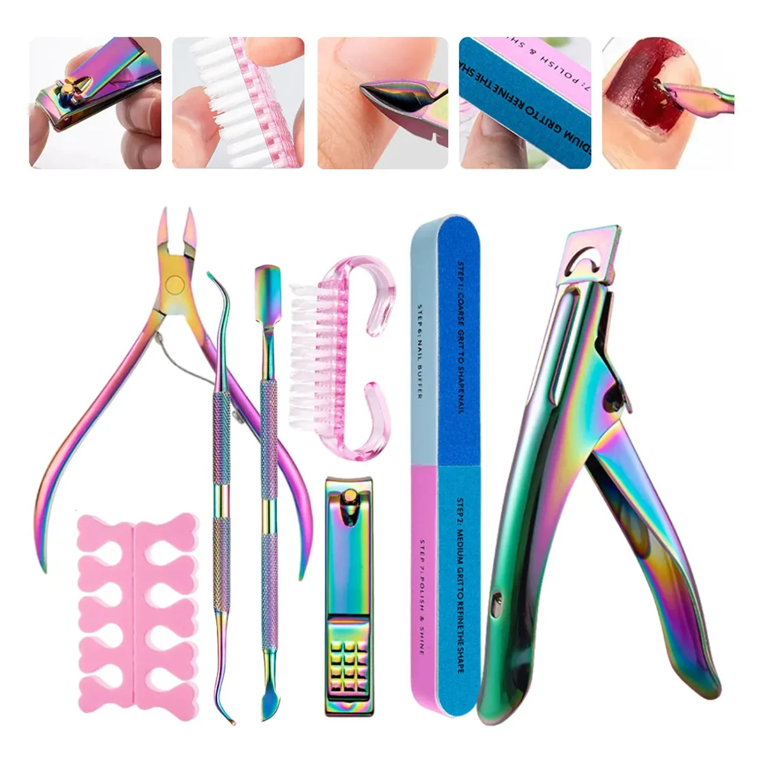 

8 шт., набор для ухода за ногтями для маникюра с щипцами для кутикулы, металлический толкатель, машинка для стрижки ногтей, щетка для чистки буферного блока, инструменты для удаления омертвевшей кожи