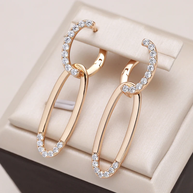 Kinel Hot Glossy Dangle Earrings 585 Rose Gold Color Simple Oval Natural Zircon Women Earrings High Quality Daily Fine Jewelry