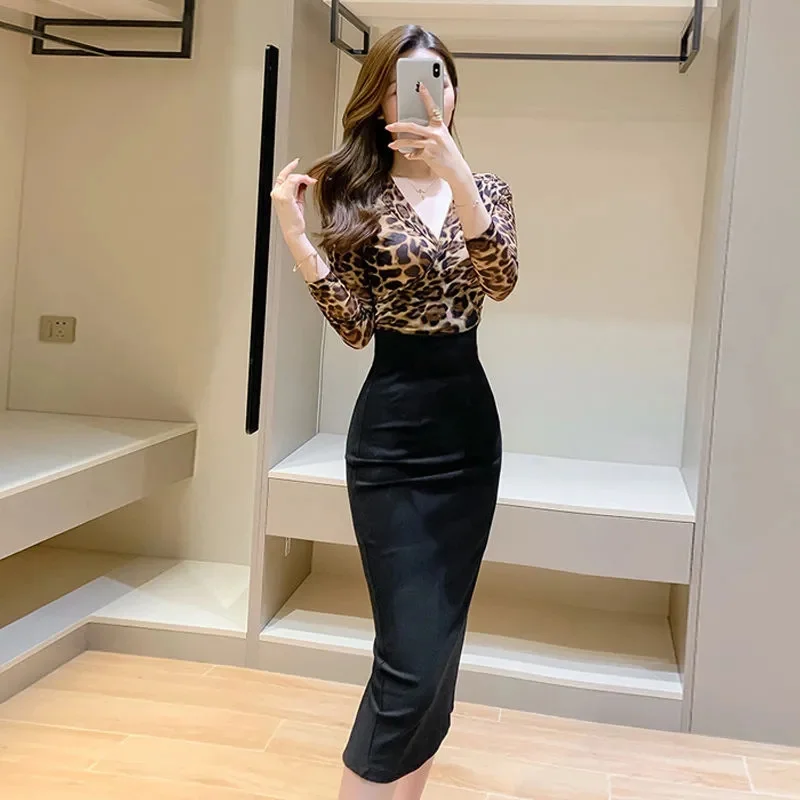 2024 Celebrity Girdle Leopard Print Long Sleeve Dress Autumn Winter Style Sexy Slim Women's Style Wrapped Hip Mid length Dress