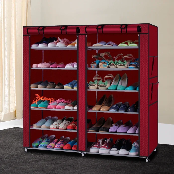 

6-Row 2-Line 12 Lattices Non-woven Fabric Shoe Rack Wine Red