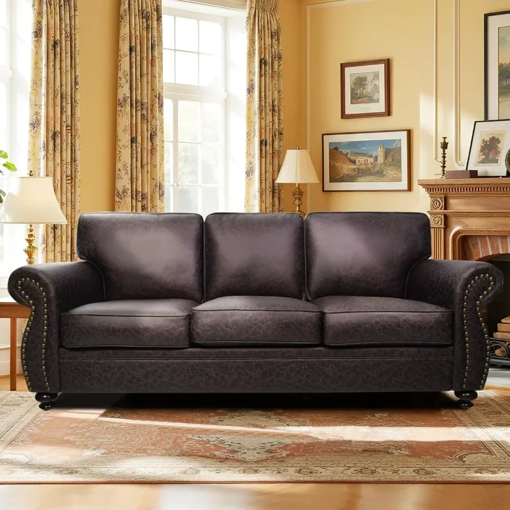 mid-century vintage sofa couches with rivet design,3-seater sofa,removable sofa cover upholstered cushions and solid wood frame