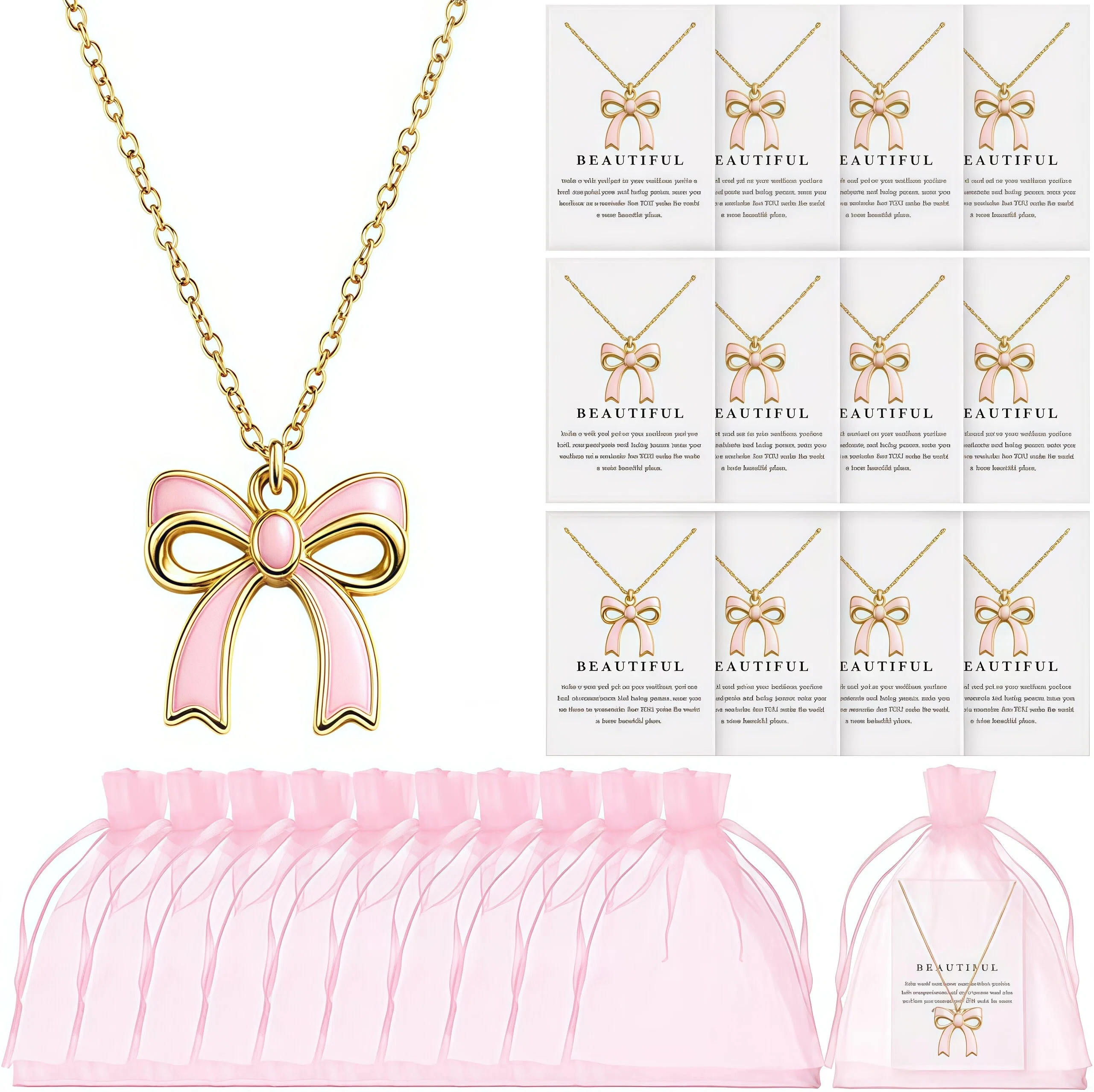 Set de 12 Collares con Lazo Esmaltado, Regalo para Damas de Honor, Cadena Dorada, Colgante Rosa con Bolsa de Organza, Joyería para Mujer, Recuerdo de Boda