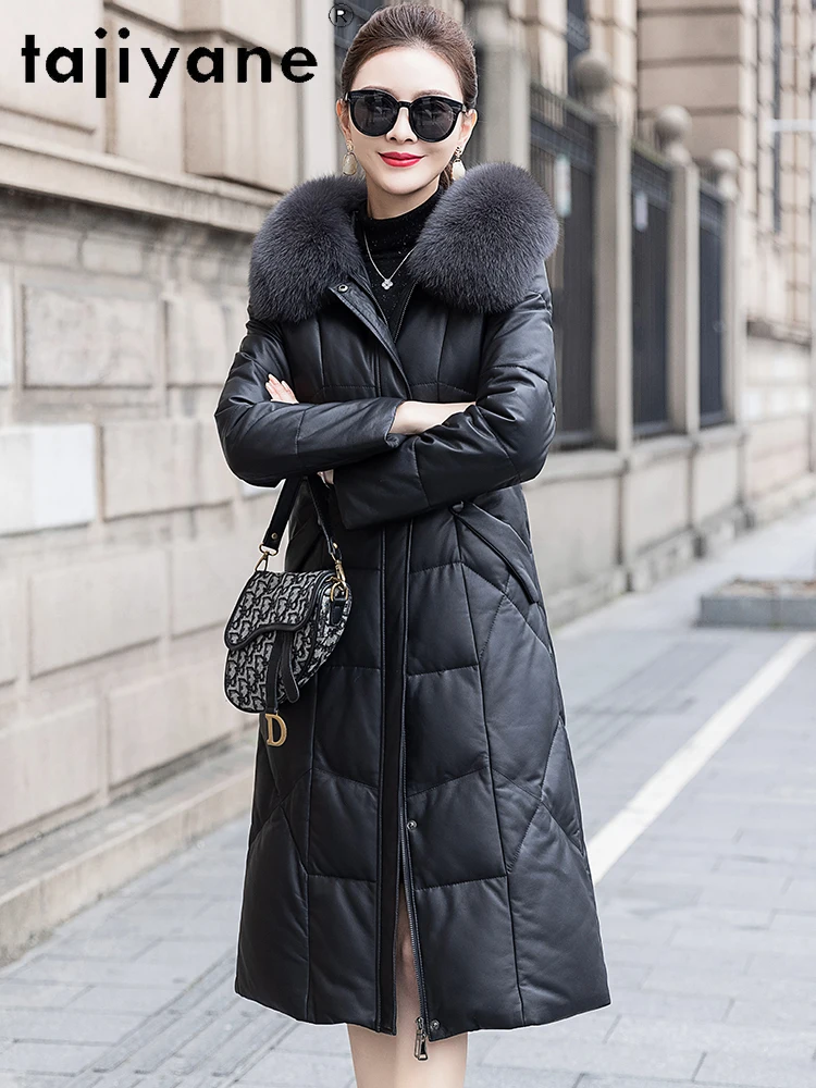TAJIYANE Schaffell-Gänsedaunenmantel für Damen, Fuchspelzkragen, echte Lederjacken, Premium-Damen-Oberbekleidung, 2025, Winter-Damenkleidung