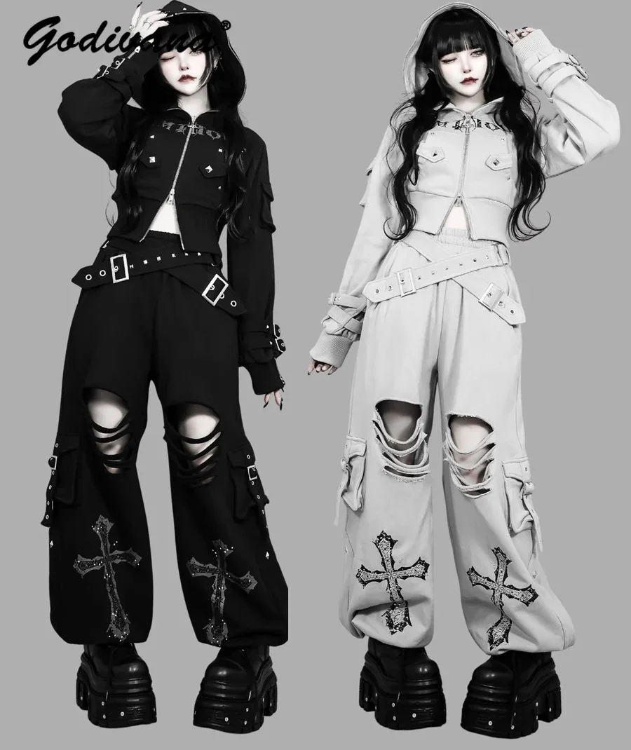 

Japanese Harajuku Style Hole Rivet Decoration Zipper Long Sleeves Hooded Short Jacket + Loose Cargo Pants Cool Punk Outfits