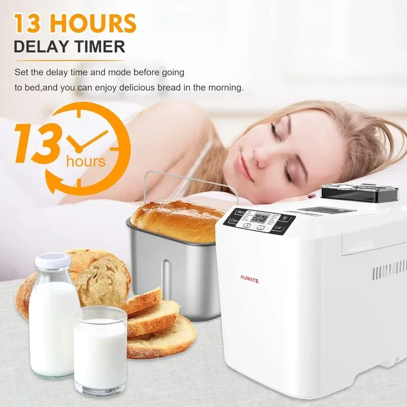 Bread Machine,AUMATE 2LB Bread Maker,with 12 Presets,Gluten-Free Setting,Auto Fruit Nut Dispenser & Nonstick Pan,2 Loaf Sizes