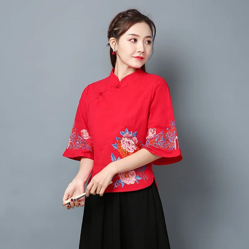 Blusa tradicional china para mujer, camisa oblicua, traje Tang de algodón Zen, cuello mandarín, Top Cheongsam, V2779