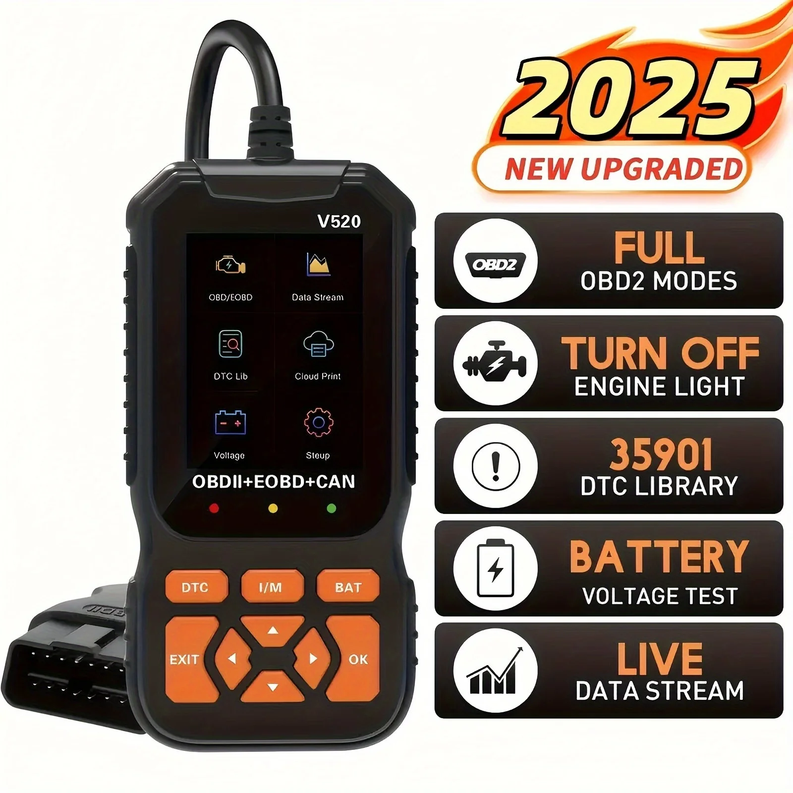 

OBD2 Scanner - Handheld Vehicle Inspection and Fault Diagnostic Tester with Live Data, Battery Test, and More - USB Powered