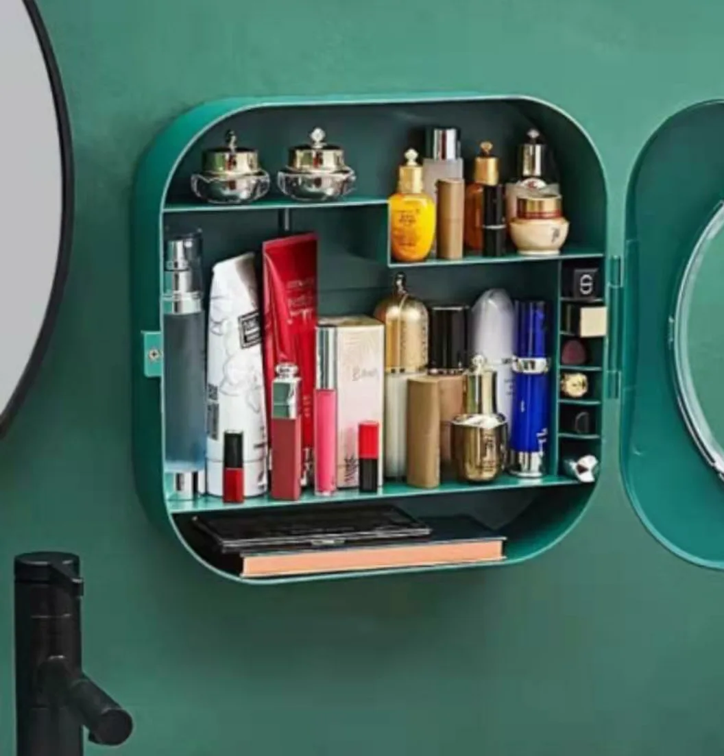 

New bathroom wall mounted cosmetics storage box, hole free and dust-proof dressing table, wall mounted shelf organizer make up