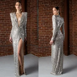 Evening Dresses Silver Sequined Deep V-Neck Full Sleeves Robe De Soiree Straight Slit Floor-Length Plus size Party Formal Gowns