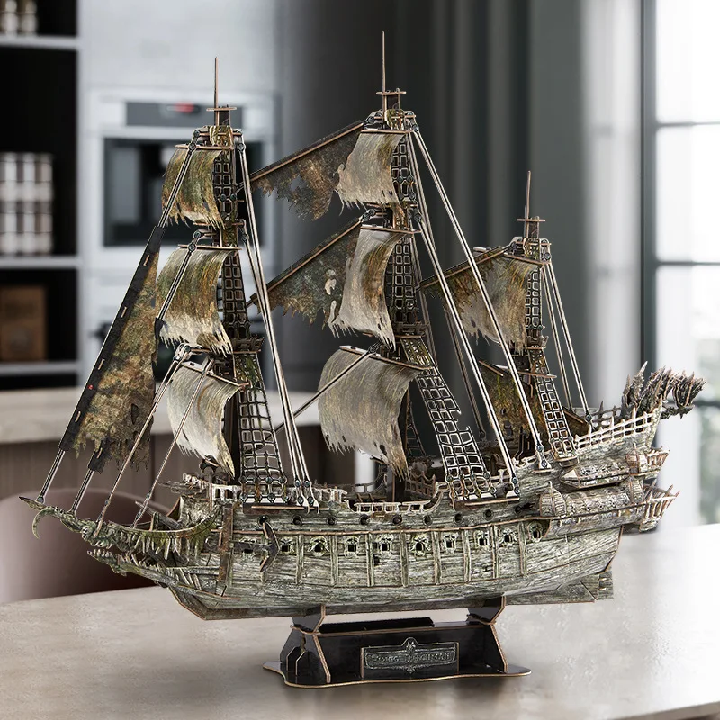 LED Light Retro Pirate Sailing Ship 3D Wooden Puzzle Hard Assembly Stress Relief Desktop Ornament for Adults