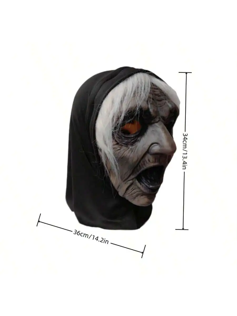 Weißhaarige Hexenmaske, Latex-Damenmaske mit Hijab und Perücke, geeignet für Kostüme zum Spielen als gruselige Hexe, Party-Requisiten. – Detail 6