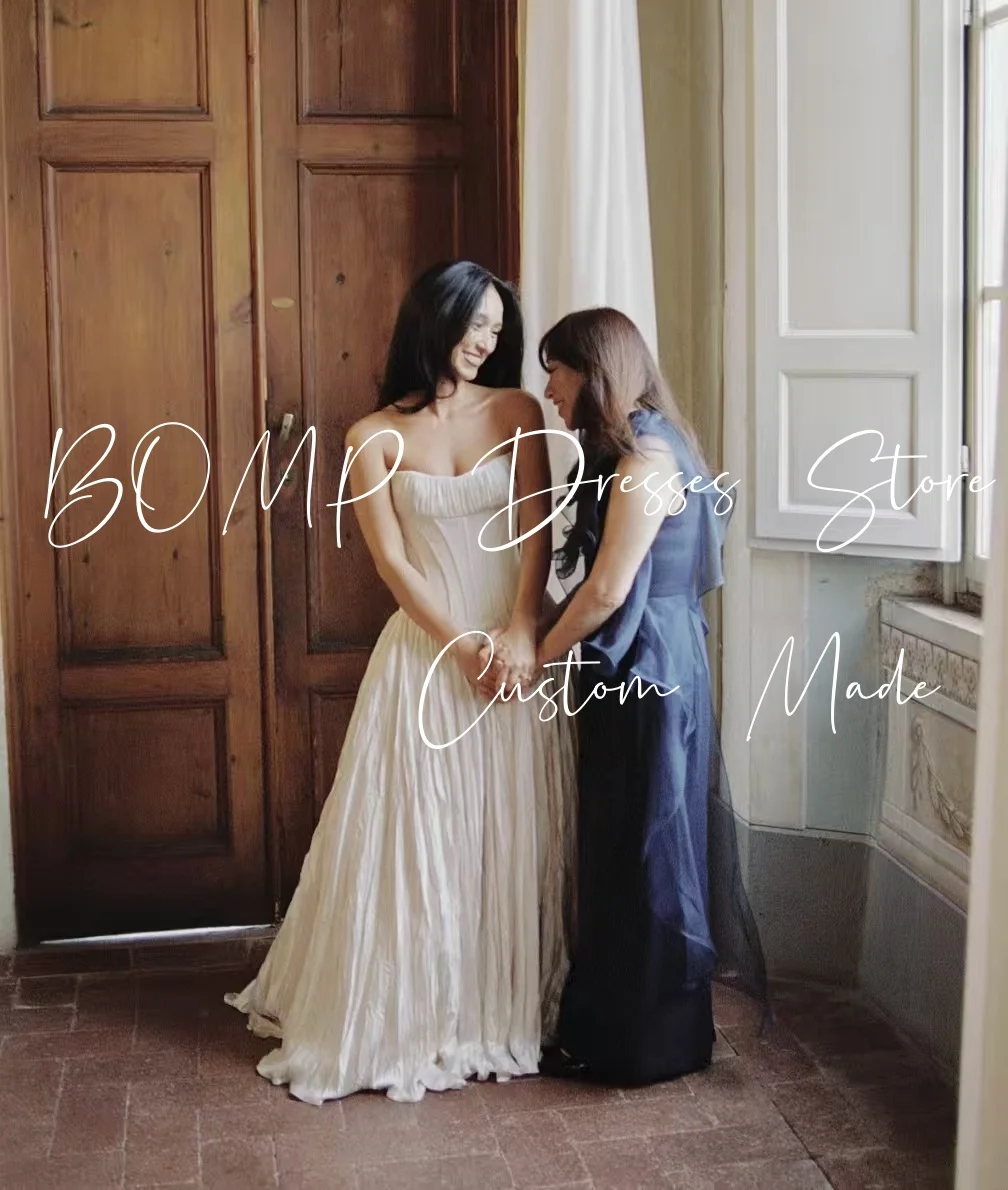 Suknia ślubna BOMP w stylu vintage, plisowana, bez ramiączek, drapowana, o kroju litery A, do ziemi, z satyny w kolorze kości słoniowej, szyta na miarę, Vestido de novia