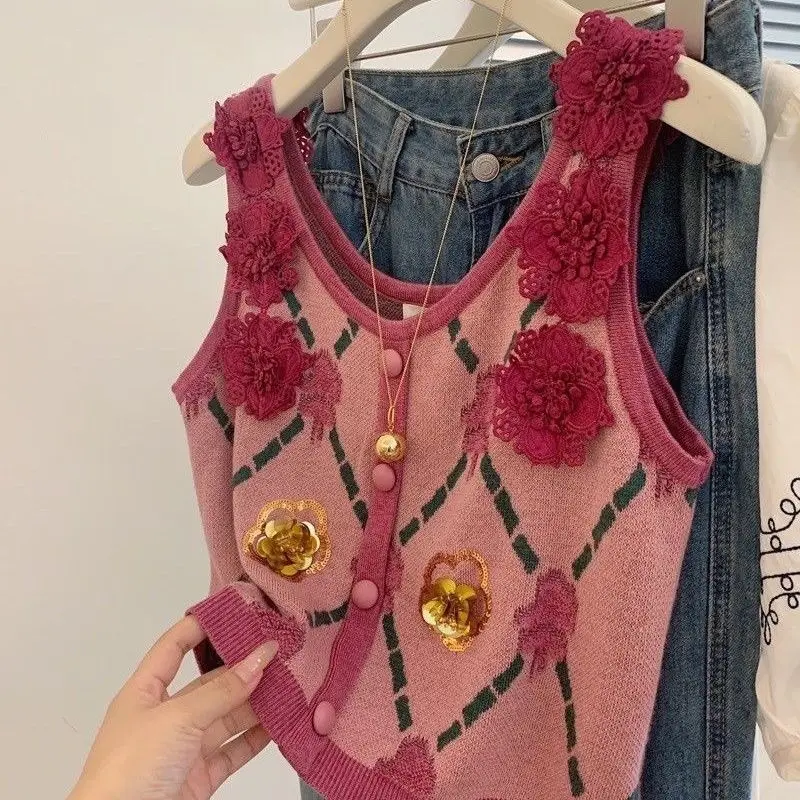 

Жилет с вышивкой в стиле ретро, подтяжки, новый жаккардовый короткий вязаный шикарный топ ранней осени для женщин