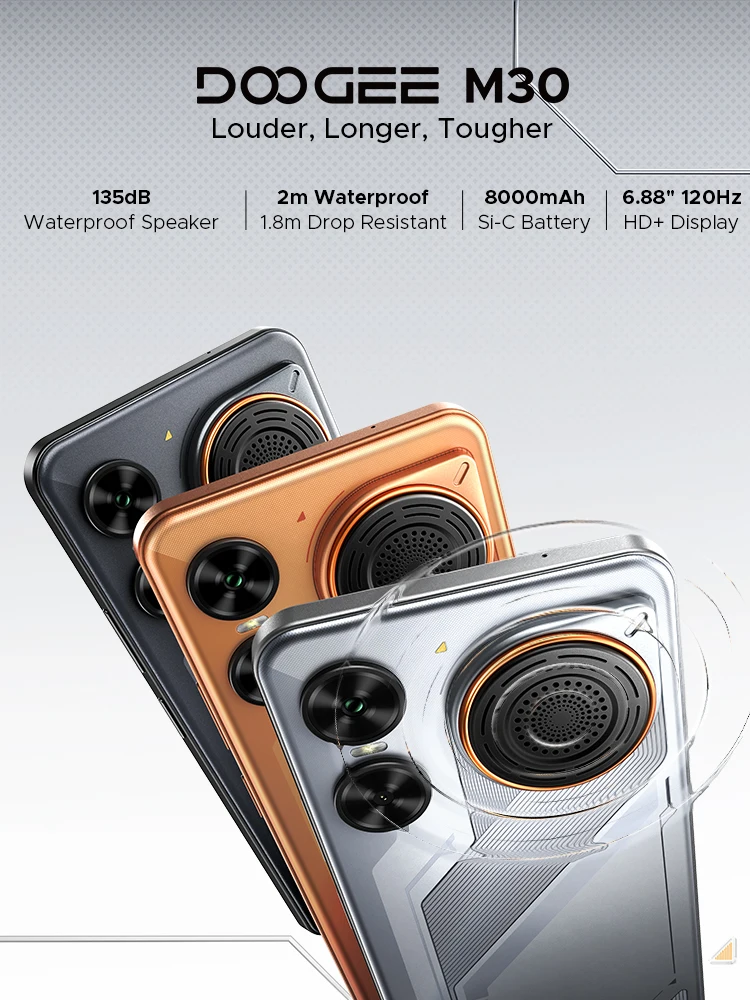 DOOGEE M30 Smartphone 135dB Lautsprecher Android 16 8000mAh Akku 6,88'' Bildschirm 48GB RAM (6GB +42GB) 256GB ROM UNISOC T7280 NFC