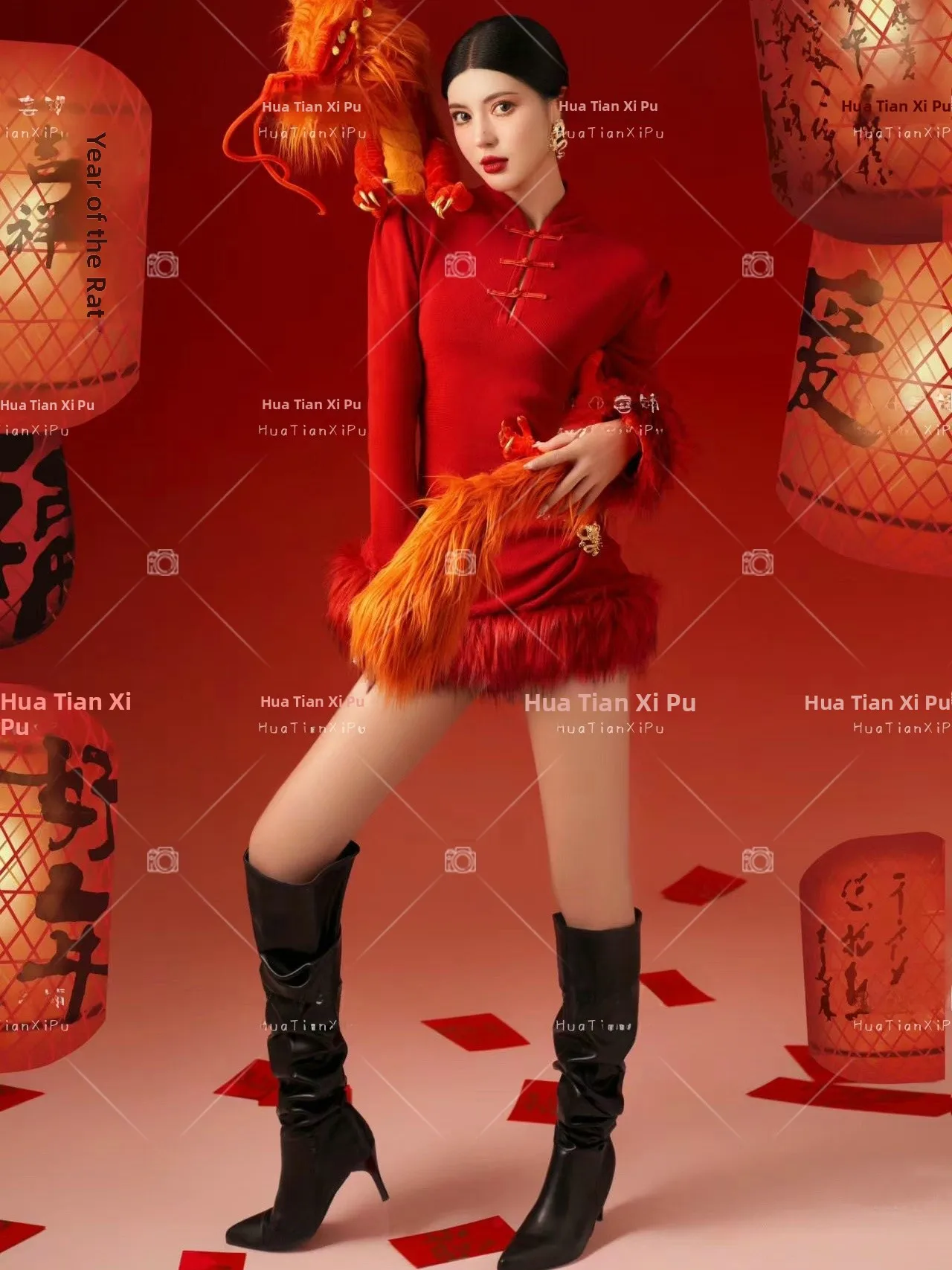 

Красный костюм для девочек в стиле ретро для фотосессий в студии, тематика «Год Дракона», новогодняя коллекция, одежда для подростков