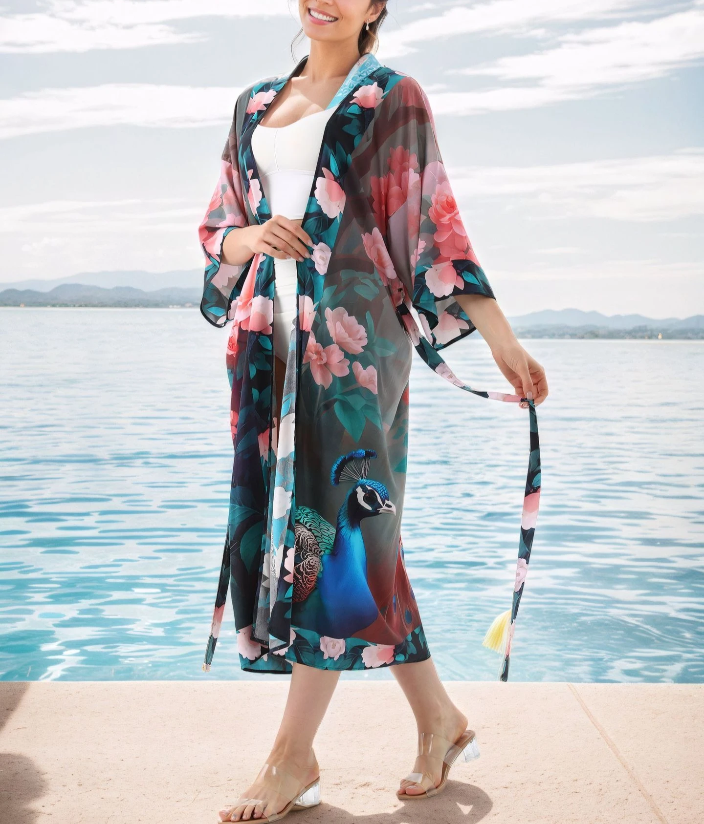 Ethnic Cotton Rayon Floral Printed Cardigan For women Robe gown swim Cover-up Boho Beach Wear Kimono blusas bikini cover-ups