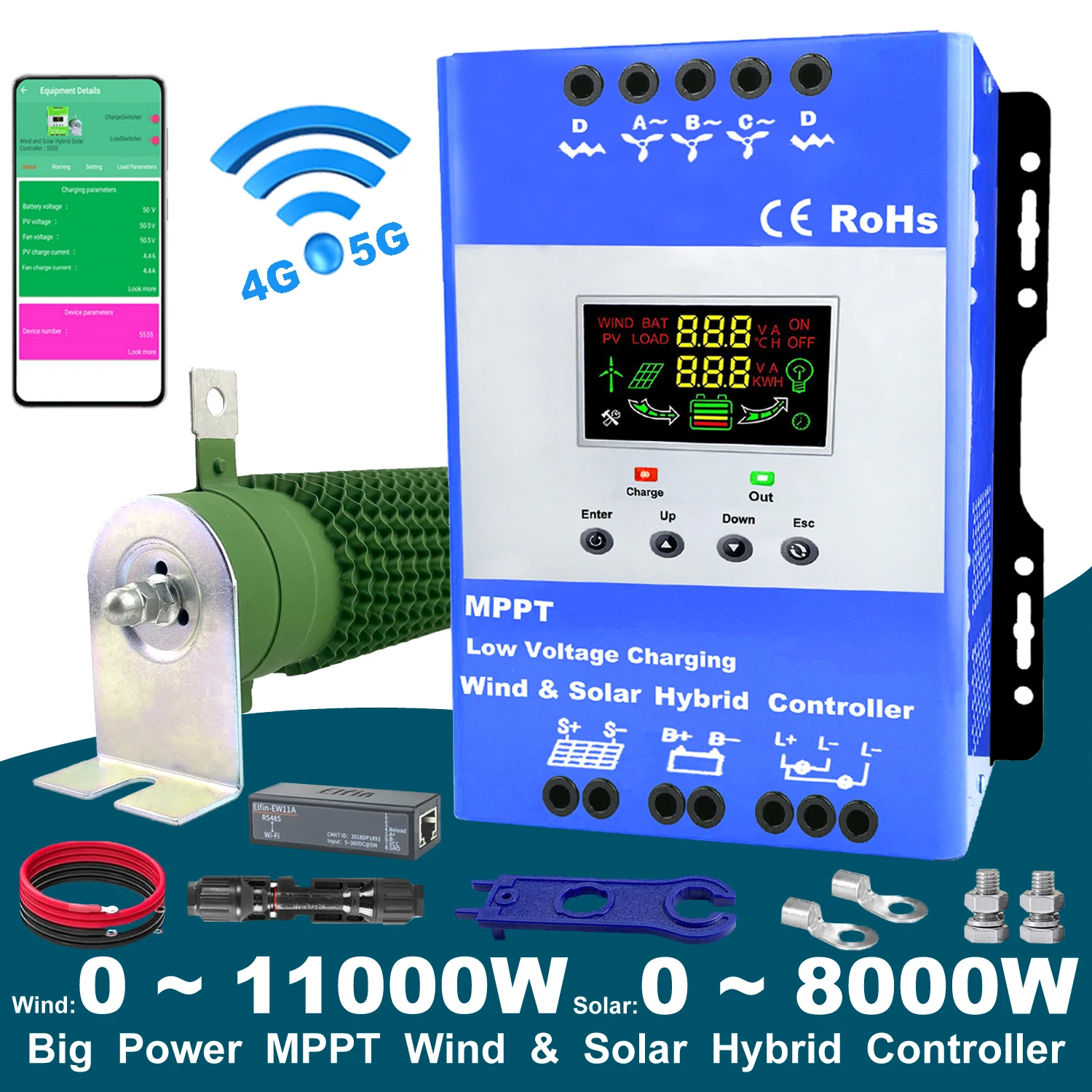 MPPT Wind Solar Hybrid Charge Controller Wind 3000W 5kw Solar 5000W 12/24V/48V Auto Hybrid Controller Dump Load & wifi Optional