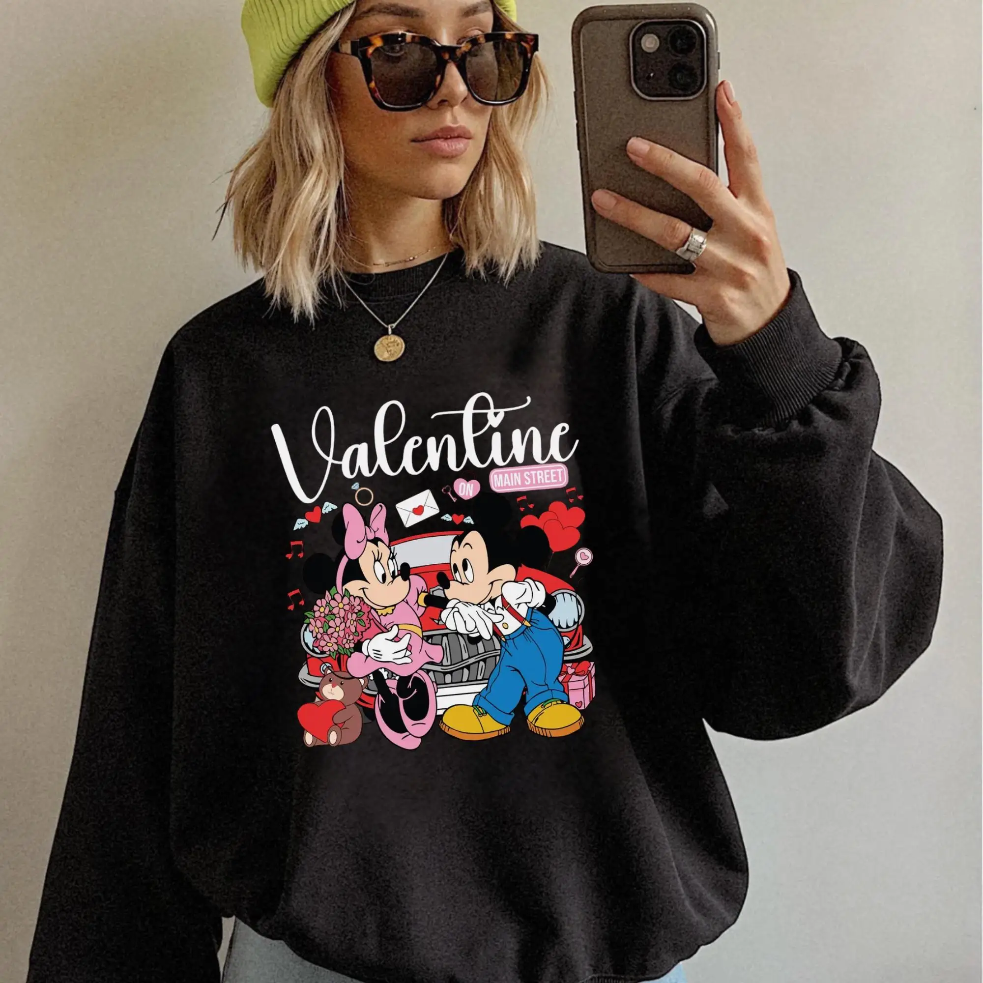 Moletom feminino Disney Mickey & Minnie para o dia dos namorados, moletom de lã para primavera e outono, para uso diário ao ar livre em qualquer ocasião