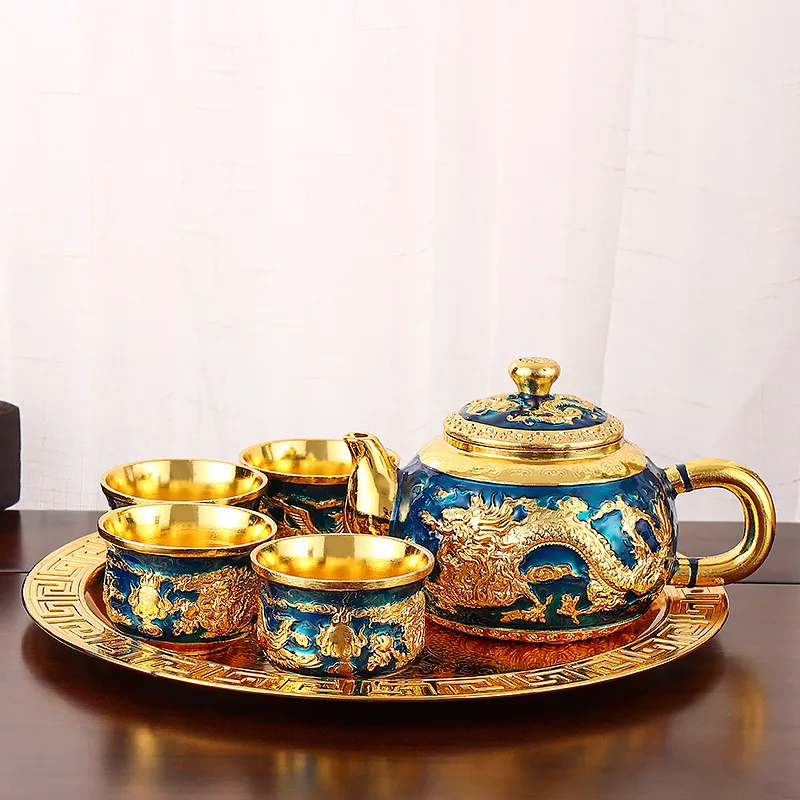 Chinese Tea Set Home Retro Zinc Alloy Chinese Dragon Teapot Teacup Tray Creative Living Room Office Gift Ornaments