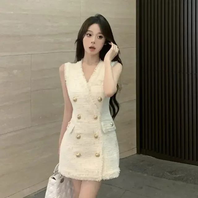 Gagarich moda coreano branco com decote em v colete vestido feminino primavera verão cintura magro envoltório hip curto elegante a linha senhora vestidos