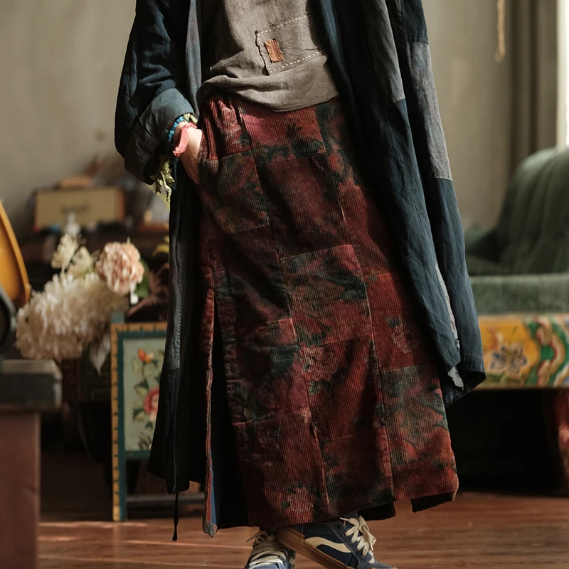 100% 면 코듀로이 캐주얼 스커트 여성 신상품 2025 가을 빈티지 스타일 플로럴 프린트 여성 A라인 롱 스커트 M2033