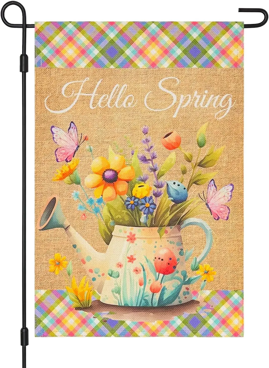 Hello Spring Garden Flag Double Sided 12×18 Inch Burlap,Spring Summer Flowers Butterfly Watering Can Vase Small Vertical Flags