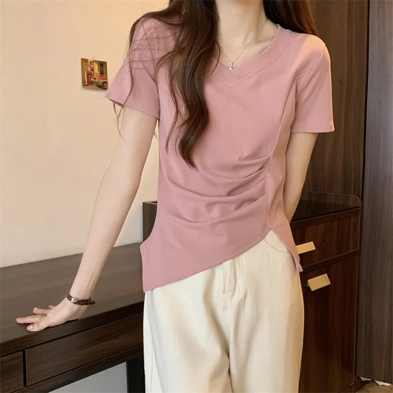 Summer Minimalist and Versatile V-neck Waistband Split Pleated Top Irregular Hem Short Sleeved T-shirt Women's Clothing