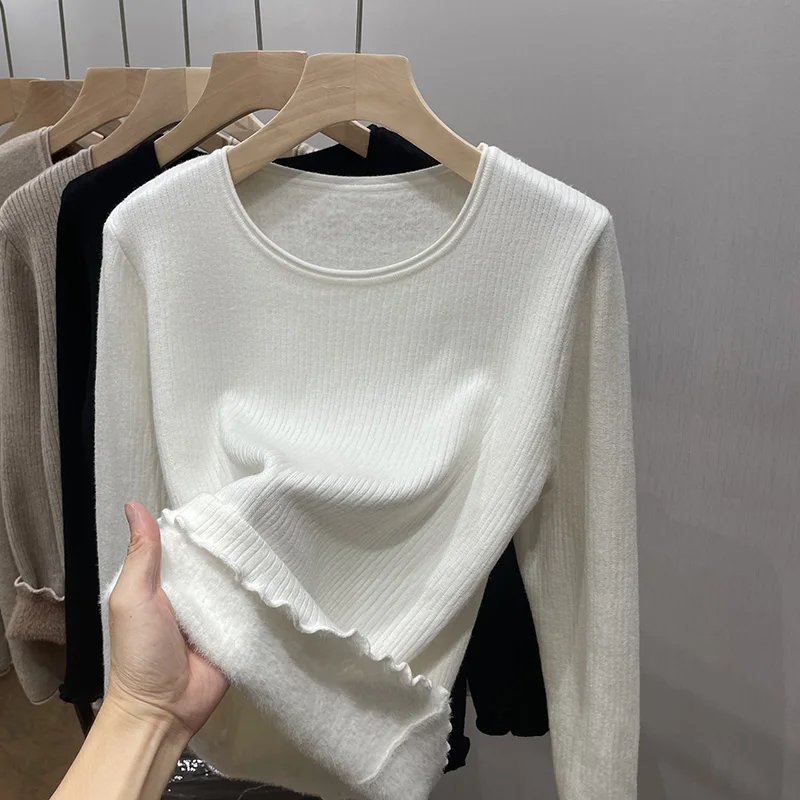 Suéter de punto para mujer, jerséis nuevos de manga larga, suéter femenino con cuello redondo, suéter de punto con forro polar negro, Jersey, Tops para mujer Q2058