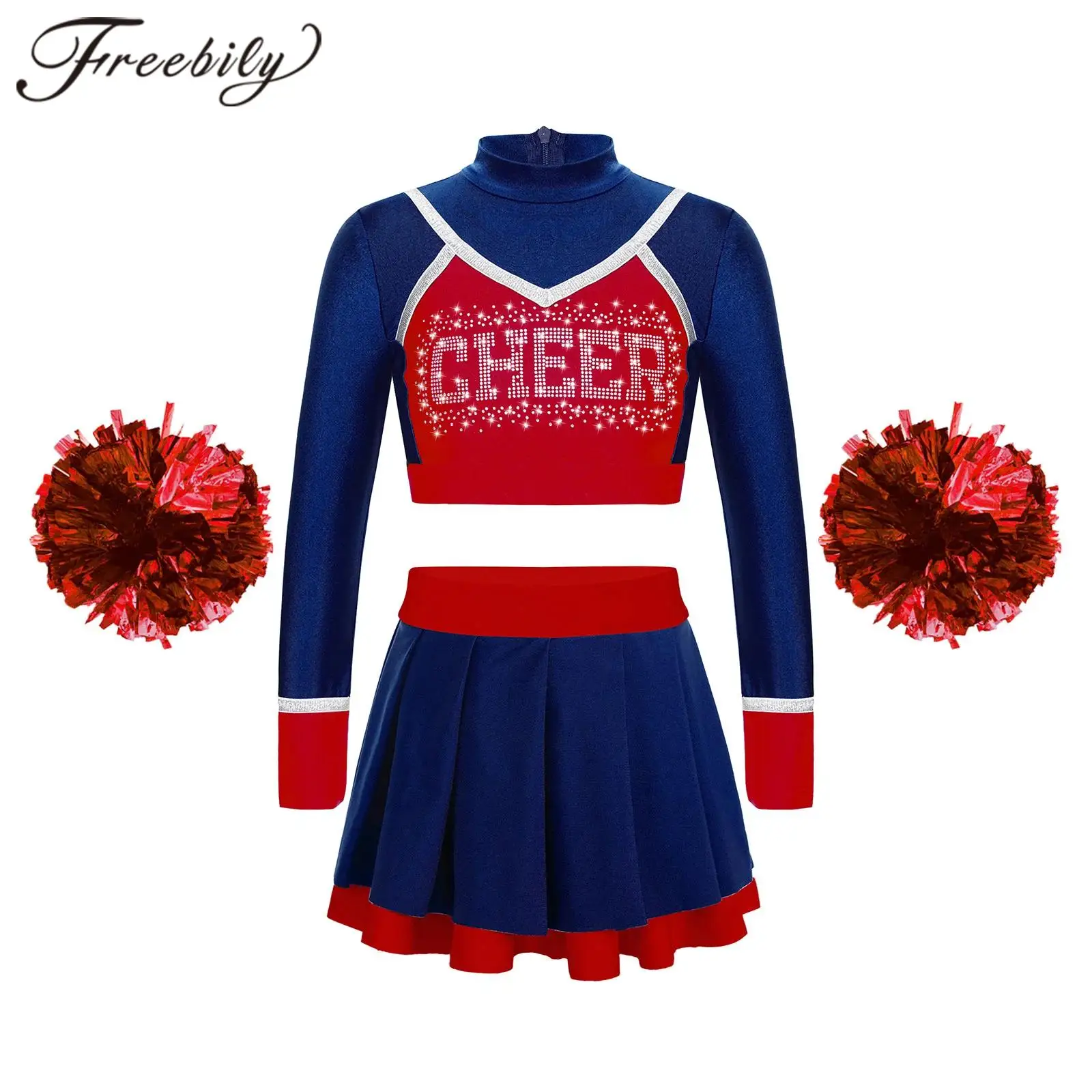 Kids Cheerleading Uniform School Girls Cheerleader Costume for Children Cheering Team Wear Dance Outfit Crop Top Flower Balls