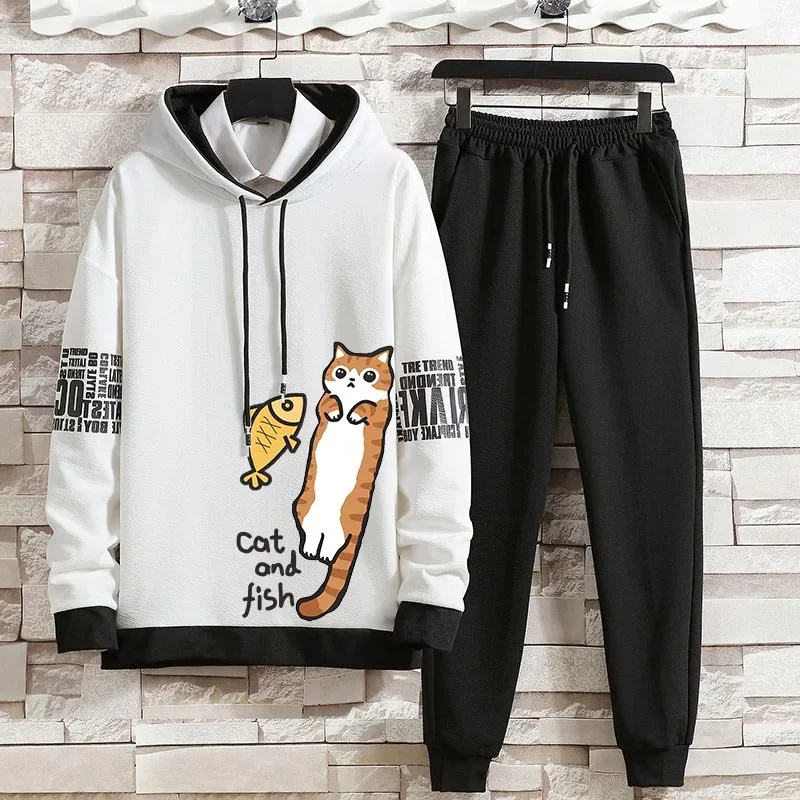 Hoodie Set Spring and Autumn Youth Large Print Cats eat fish Hoodie set hat Casual Edition Trendy Loose Men designer clothes