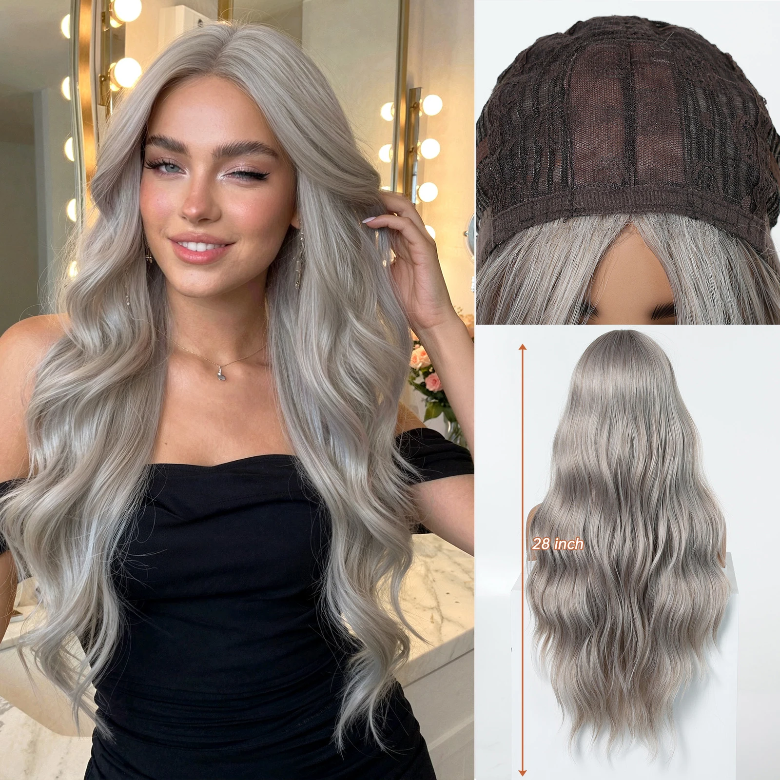 

Длинный волнистый синтетический парик с серебристо-пепельными прядями, гладкий, блестящий, термостойкий, для повседневной носки, вечеринок, косплея, для женщин, из термостойкого волокна