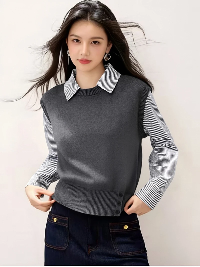 ヨーロッパ風、服、ヴィンテージ、秋、冬、セーター、シック、セクシー、フェイクツーピース、パッチワーク、女性、長袖、ニット、プルオーバー、トップス、510068