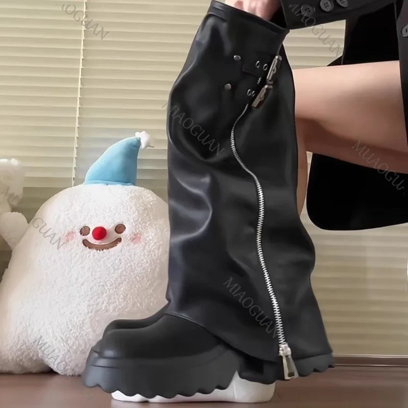 فاسق نمط الربط سميكة القاع النساء أحذية عالية في الركبة موضة سستة الإناث مطوي فارس الجوارب الطويلة الخريف أحذية نسائية #2