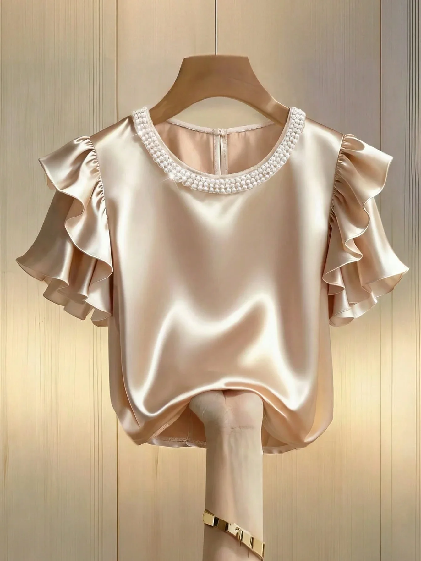 

Elegant Pearl Trim Ruffle Sleeve Satin Blouse For Women