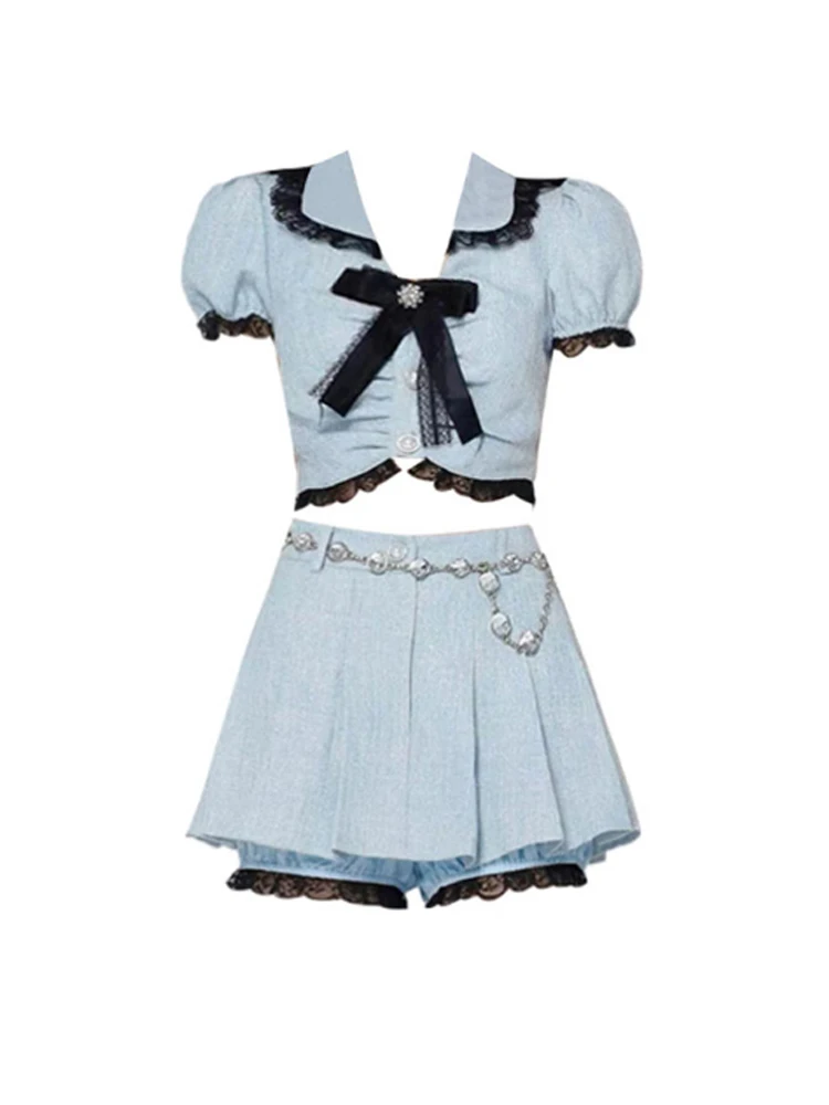 

Summer Women Korean Vintage Birthday 2000s Outfits 2 Piece Set Short Sleeve Mori Girl Crop Top + Mini Lace Skirts Culottes Hot