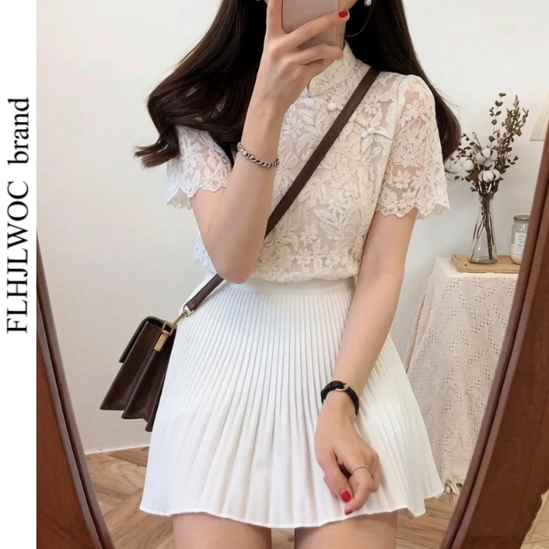 

Hollow Out Lace Stand Collar Tops Cute Sweet Girls Woman 2026 Summer Short Sleeve Japanese Style Solid Retro Vintage Lace Shirts