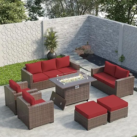 

10 Pieces Wicker Patio Furniture, Outdoor Sectional Patio Couch Set with Ottoman, Patio Conversation Set with 44" Gas Fire Pit