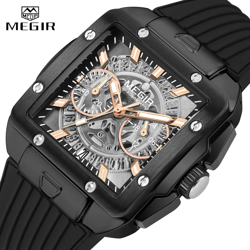 MEGIR Square Silicone Strap Watches for Fashionable Men's Hollow Dial Multifunctional Timing Chronograph Quartz Wristwatch Male