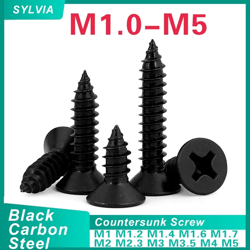 500/ 200/ 100pcs M1.2 M1.4 M1.7 M2 M2.3 M3 M3.5 M4 M5 Small Black Steel Cross Phillips Flat Countersunk Head Self Tapping Screw