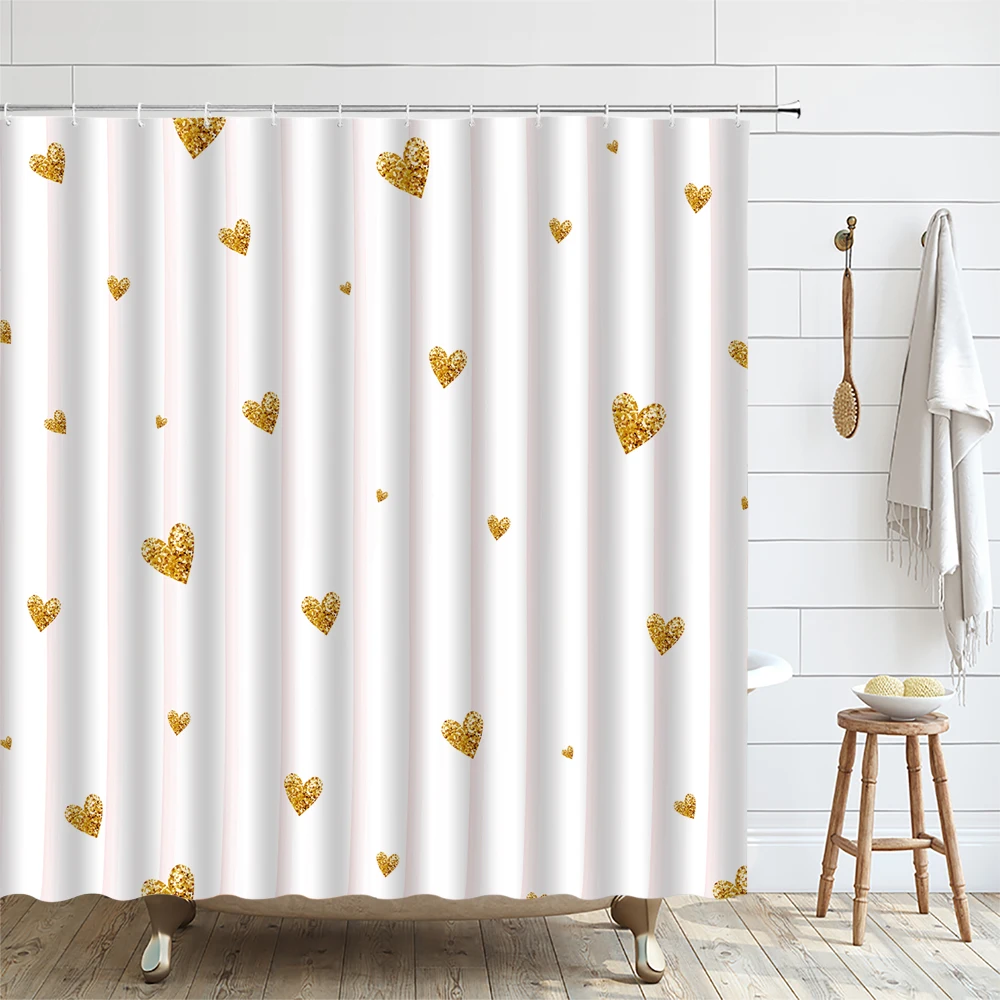 Valentine's Day Shower Curtain Romantic Love Golden Heart Fabric Girl Bathroom Curtain Home Decor Waterproof Washable with Hooks