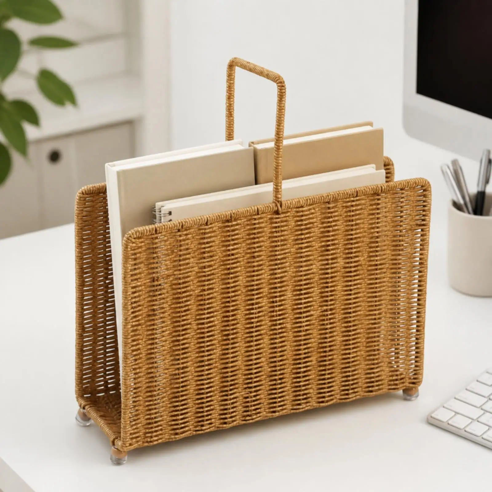 Magazine Storage Rack with Rattan Woven Design for Living Room Sofa Side Organizer