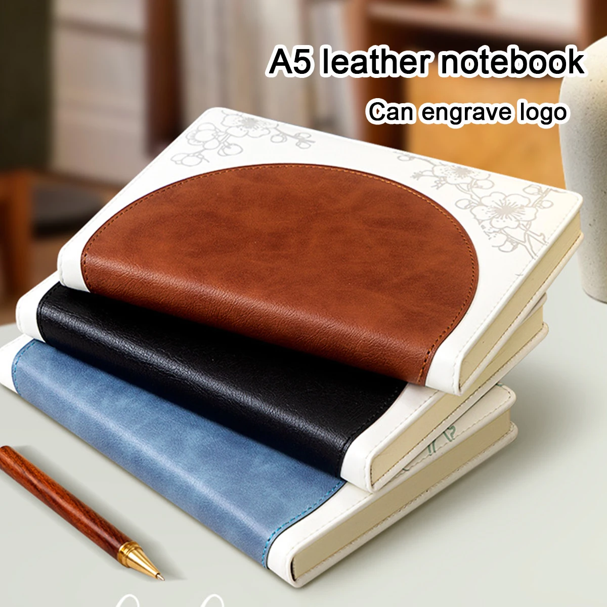 (Can Engrave Logo) A5 Business Leather Notebook, Student Diary, Work Meeting Record Book, Travel Diary, Excerpt Book, 120 Sheets