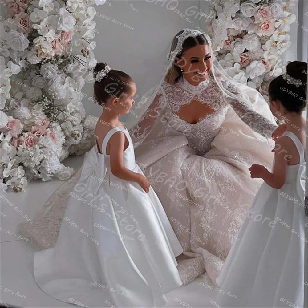 

Ivory Flower Girl Dress With Bow Strap Mini Bridal Wedding Dress Kids Ball Gown 1st Communion Frock Customized Vestidos de Noiva