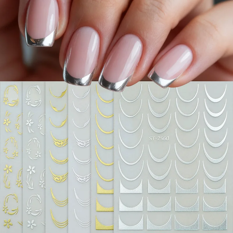 1pc Golden Silver French Line Tips Nail Sticke Gradient Stripe Sliders For Nails Designs Self-Adhesive Nail Art Decals