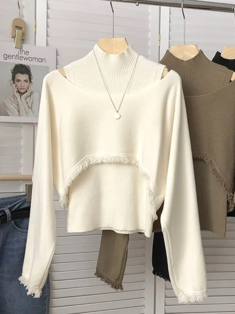 

Korean Elegant Knit Tassel Cover Up Retro Korean Style Long Sleeve Knitted Top Half High Collar Vest Sweater Two Piece Set