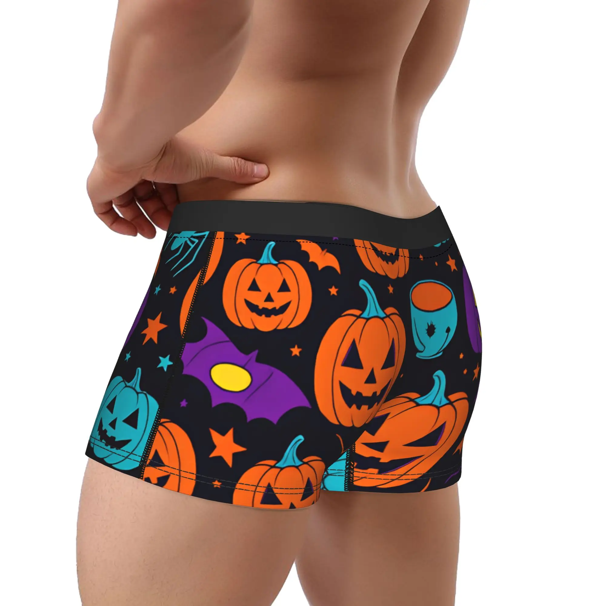 Halloween Colorful Pumpkin Bat Spider Star Seamless Pattern Dark Background Underwear Men Boxer Brief Breathable Trunk Plus Size
