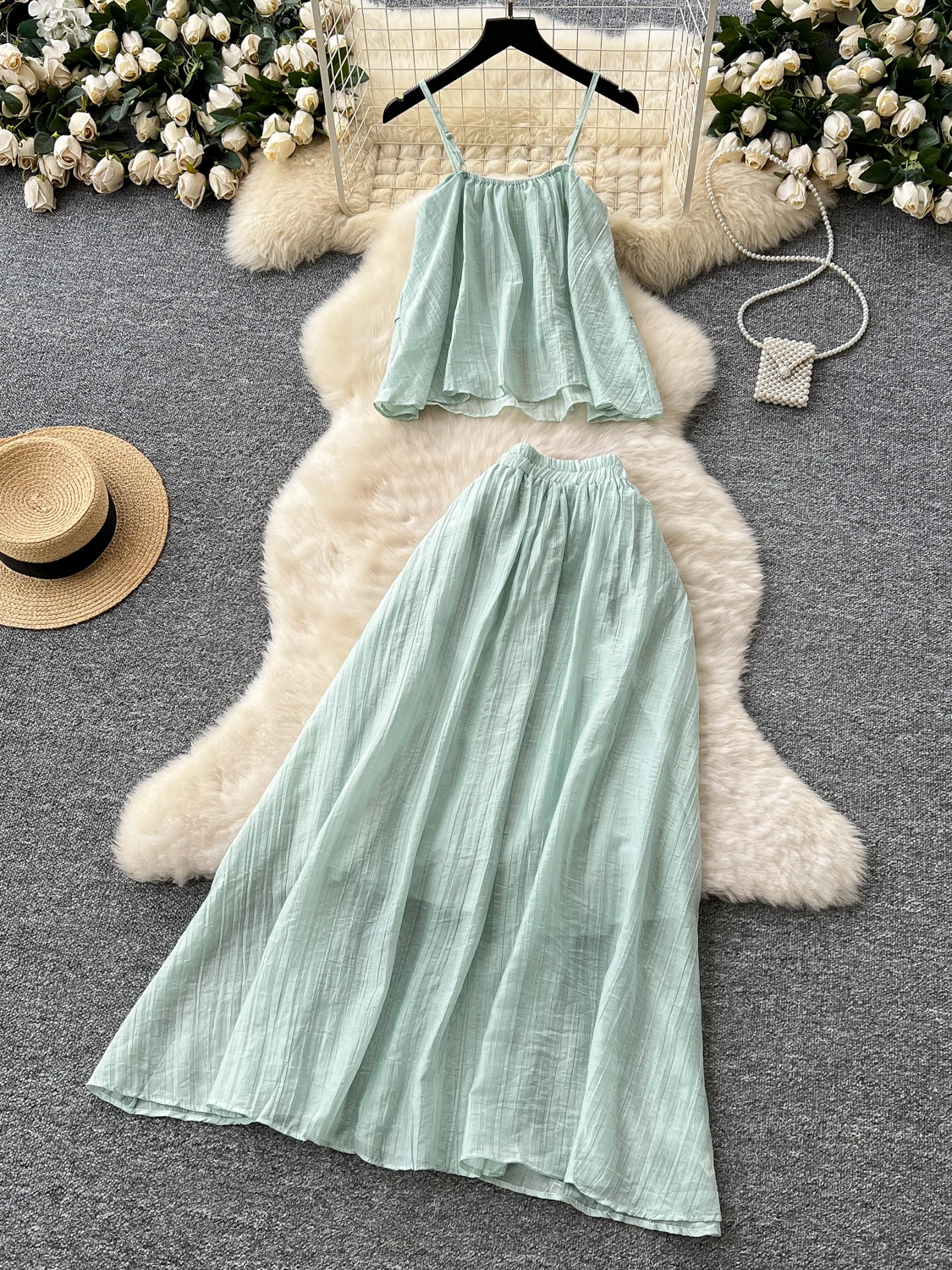 

Vaion Faion Fairy T Two-Piece Set Summer 2025 3D Flower Print Strap Top + Chiffon Skirt for Young Women